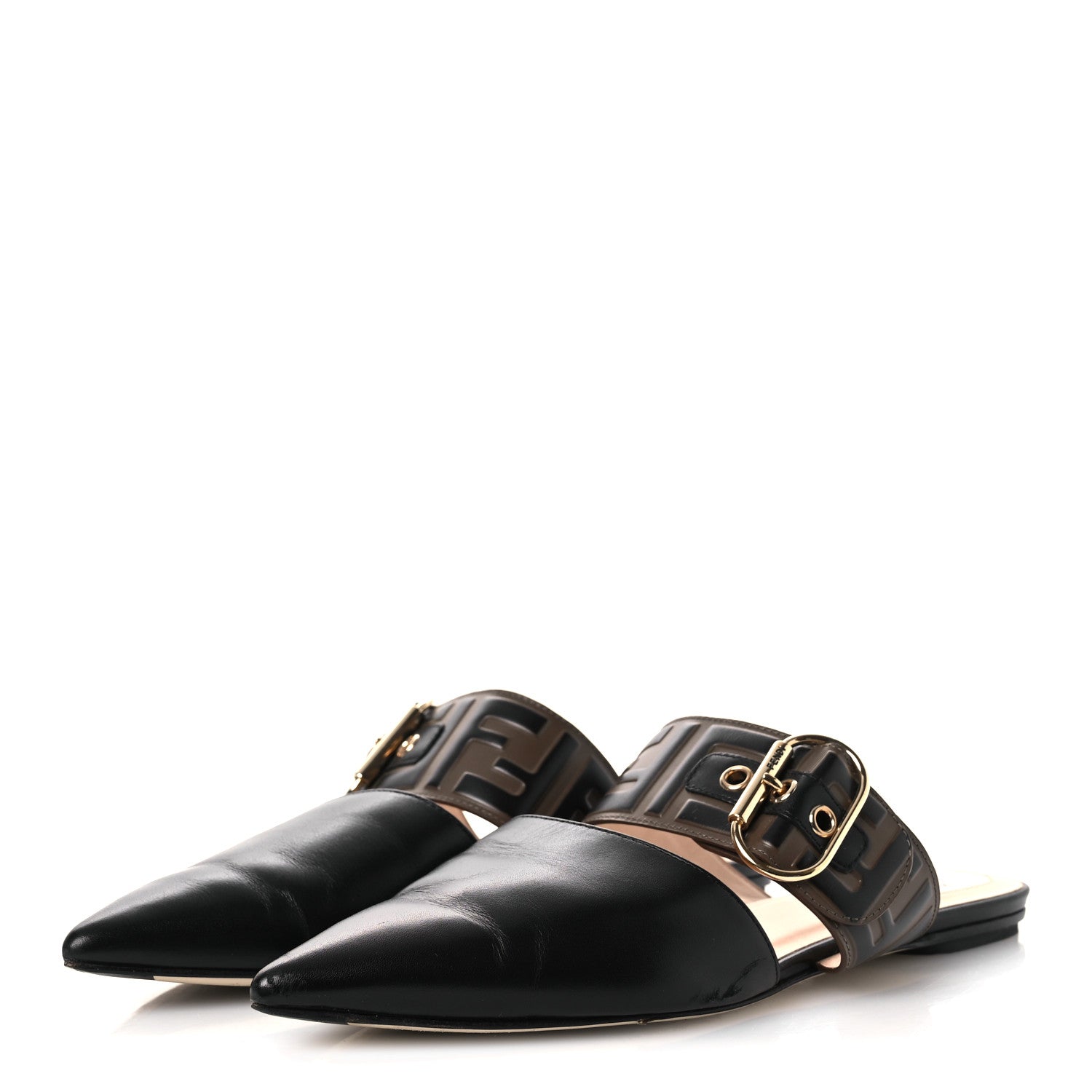 Fendi Vitello FF Embossed Buckle Flat Mules 39 Maya Black 4 of 13