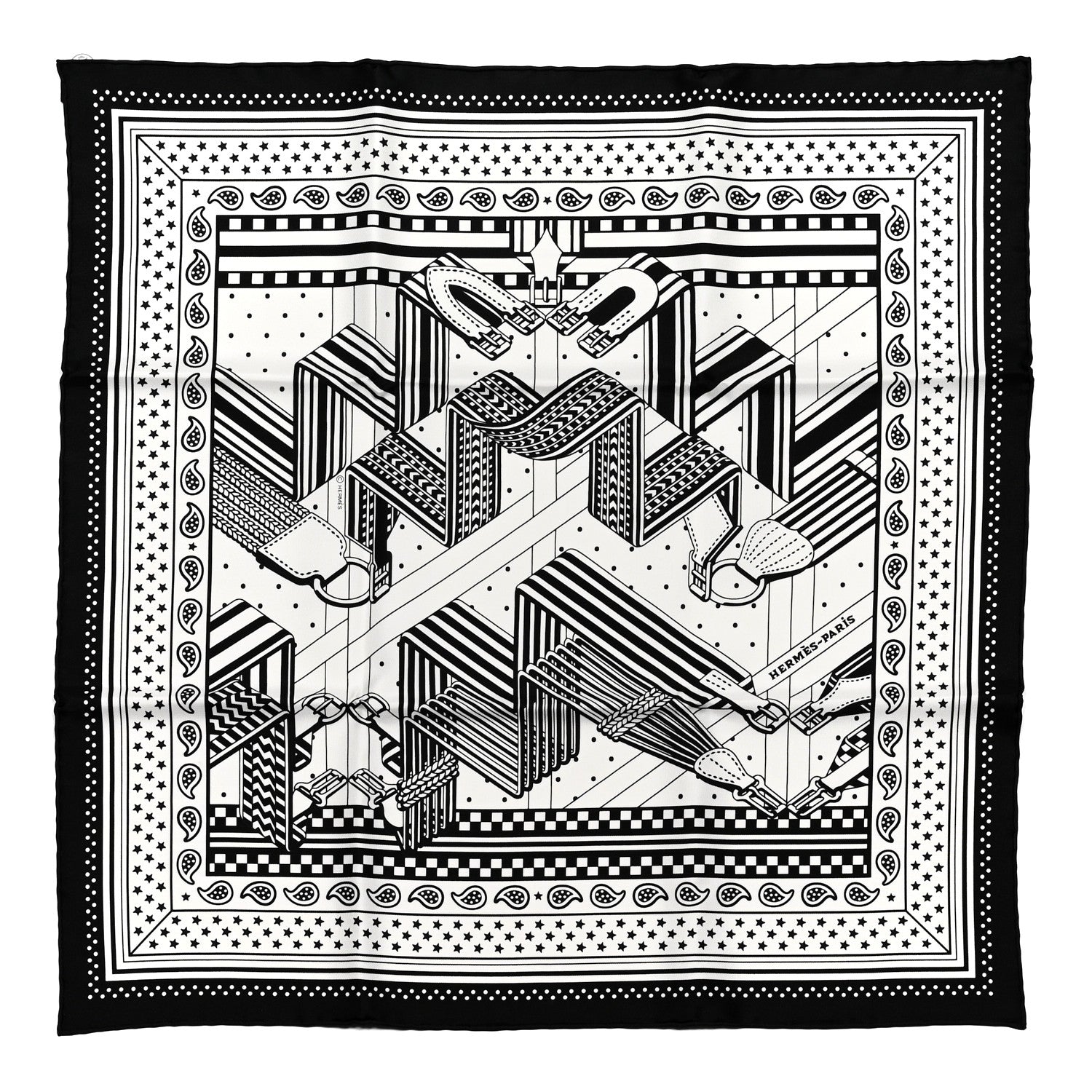 Hermes Silk Sangles En ZigZag Bandana Scarf 55 Black White 1 of 4
