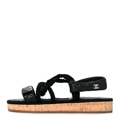 Chanel Cord Lambskin Quilted Logo Sandals 41 Black 1 of 8