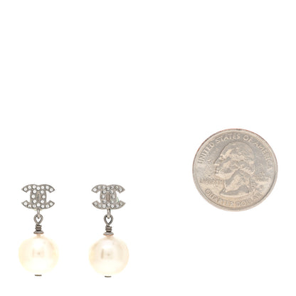 Chanel Crystal Pearl CC Drop Earrings Silver Pearly White 2 of 6