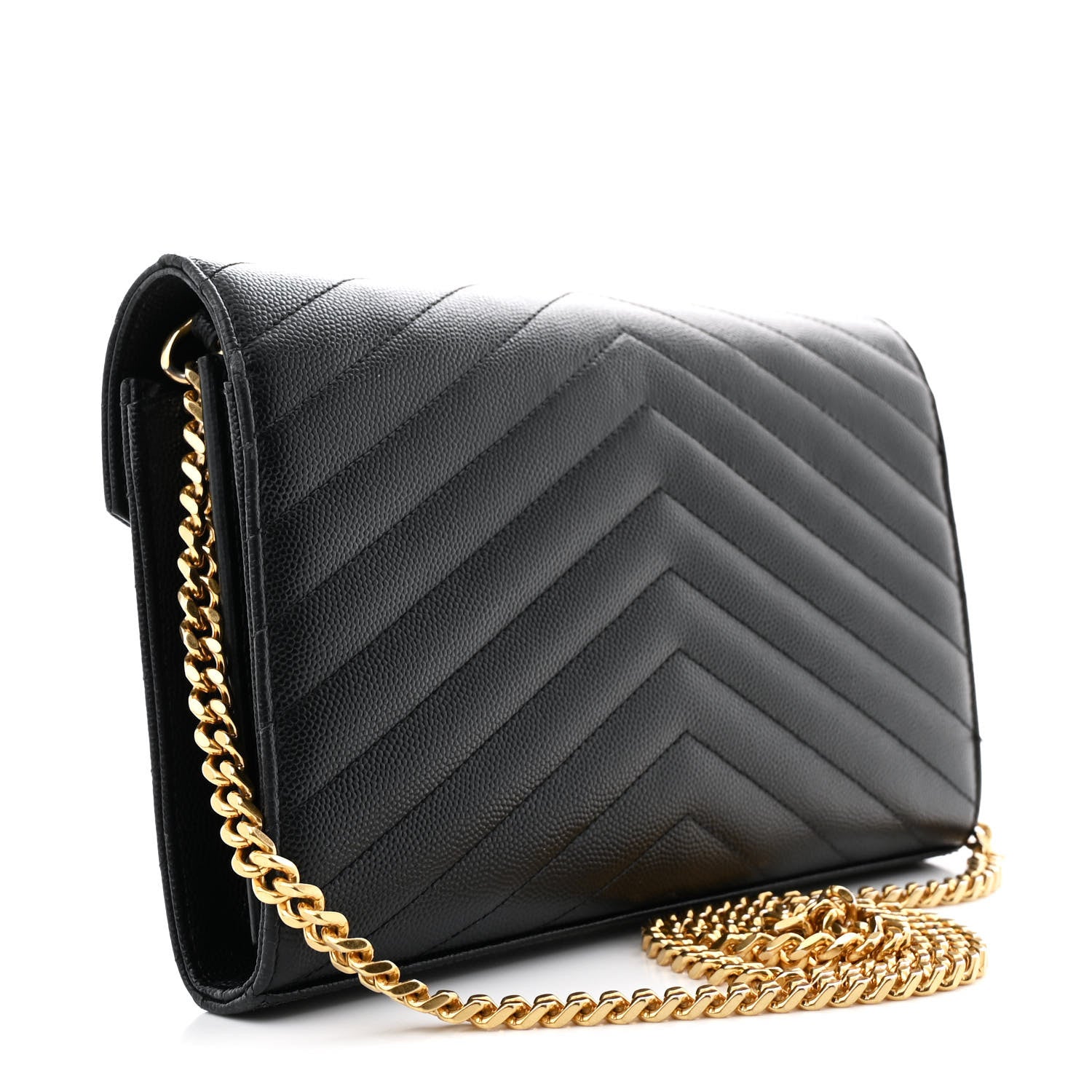 Saint Laurent Grain De Poudre Matelasse Chevron Monogram Chain Wallet Black 3 of 13