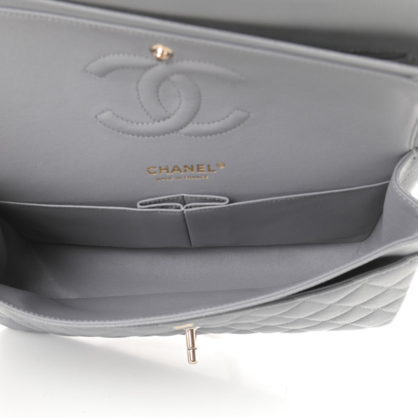 Caviar Quilted Medium Double Flap Grey