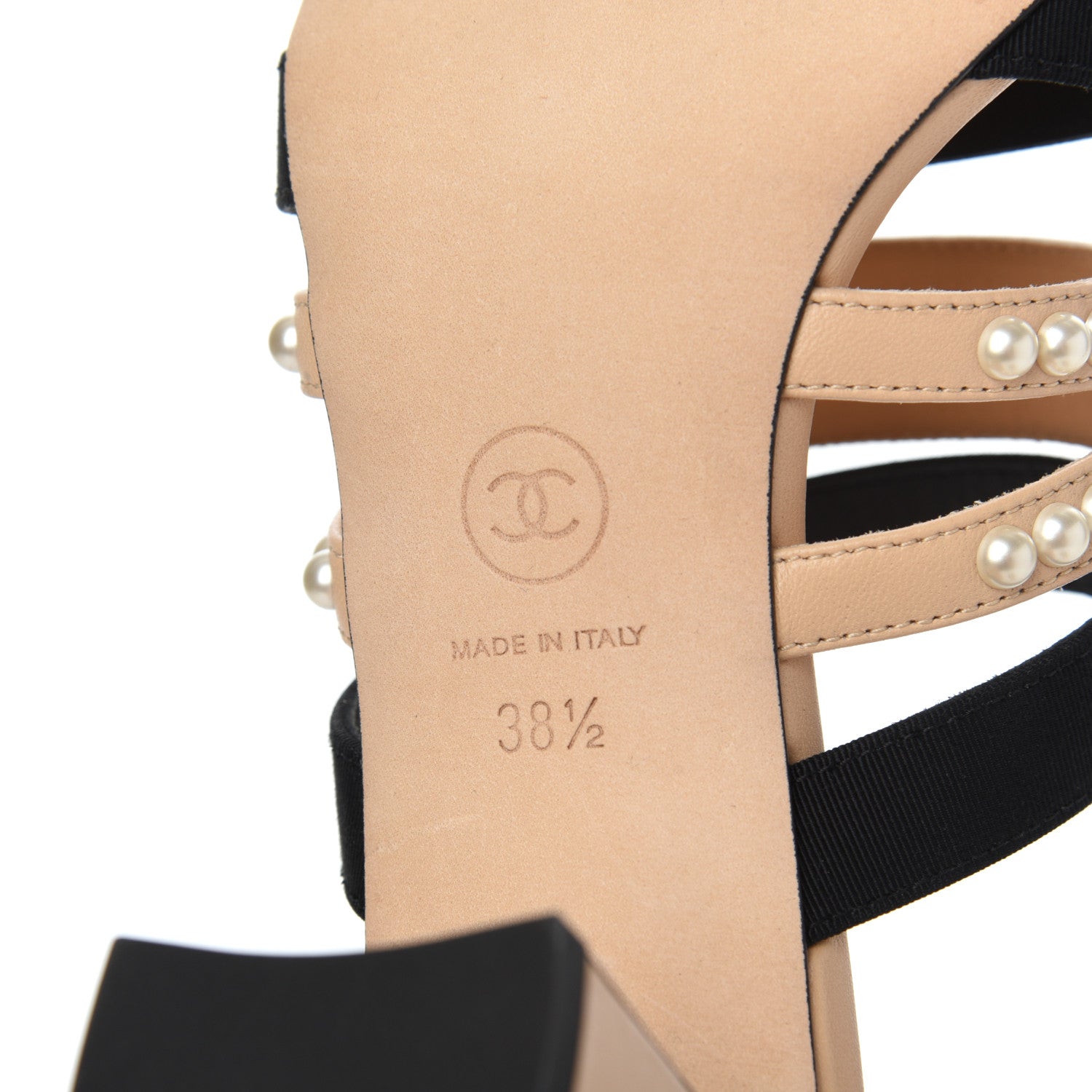 Chanel Lambskin Grosgrain Pearl Mules 38.5 Beige Black 7 of 11