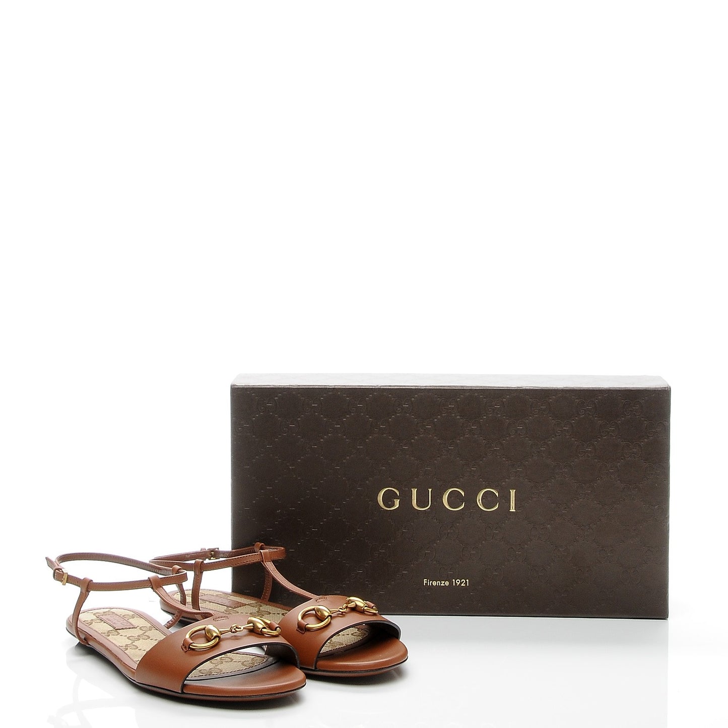 Calfskin Monogram Horsebit T-Strap Flat Sandals 36.5 Cognac