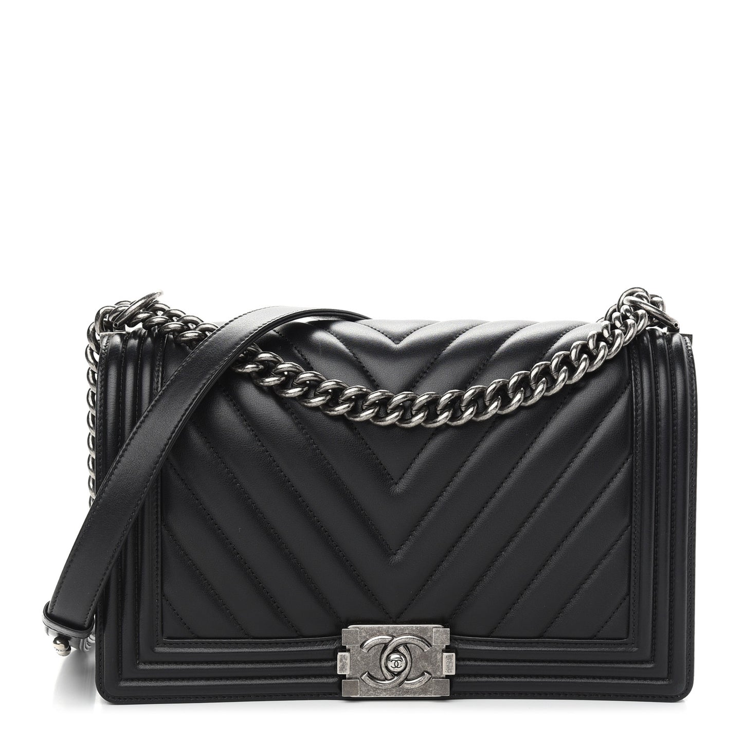 Lambskin Chevron Quilted New Medium Boy Flap Black