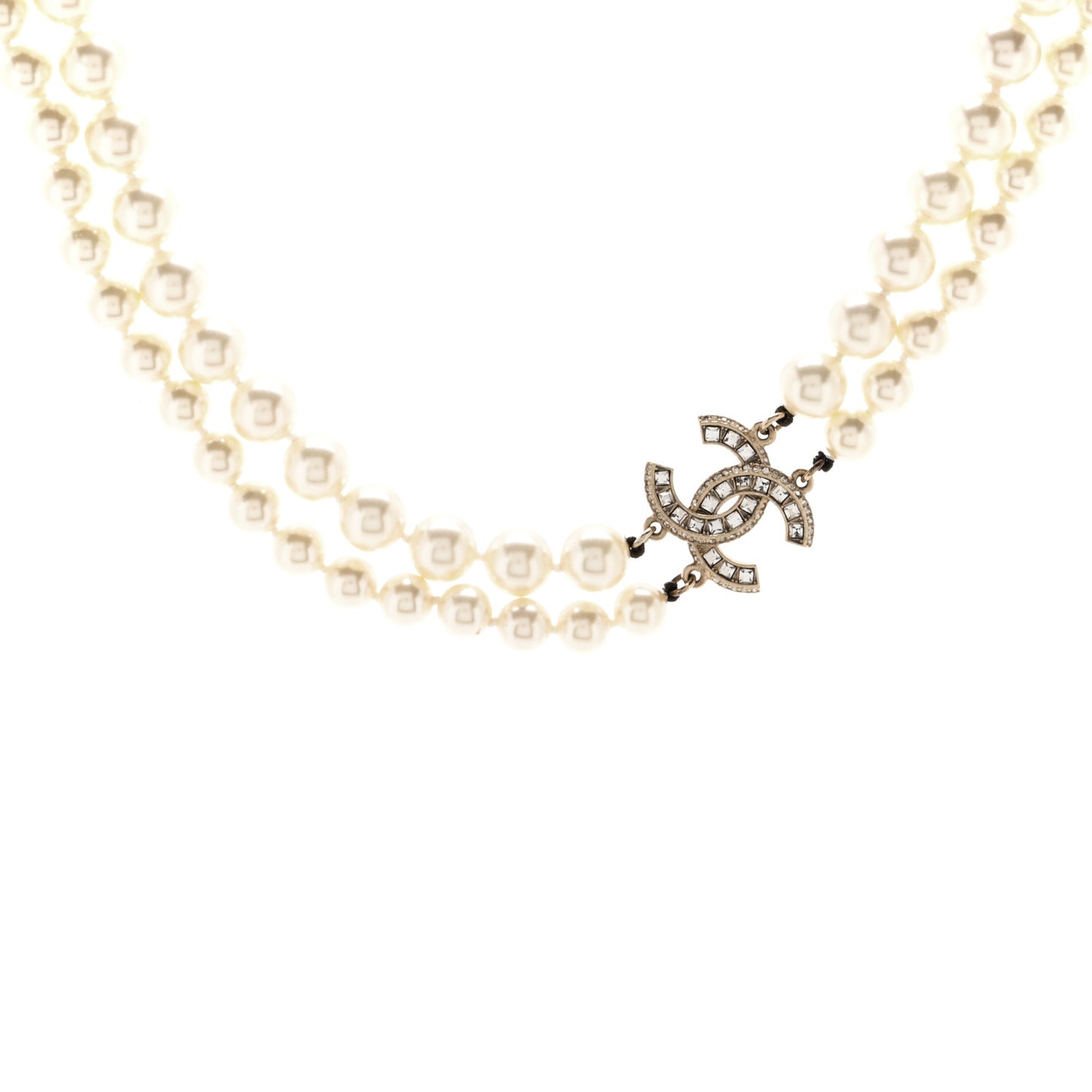 Baguette Crystal Pearl CC Double Strand Necklace Gold