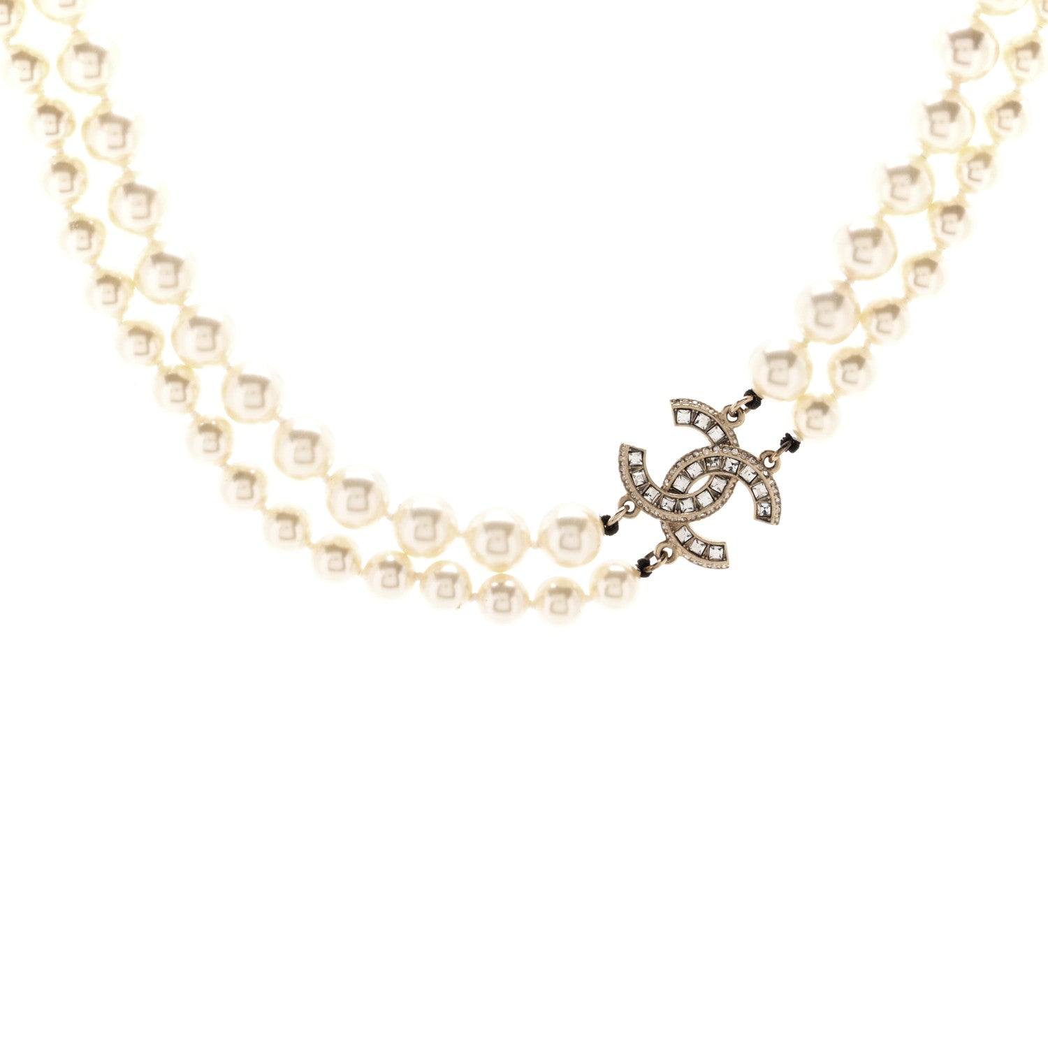 Chanel Baguette Crystal Pearl CC Double Strand Necklace Gold 1 of 7