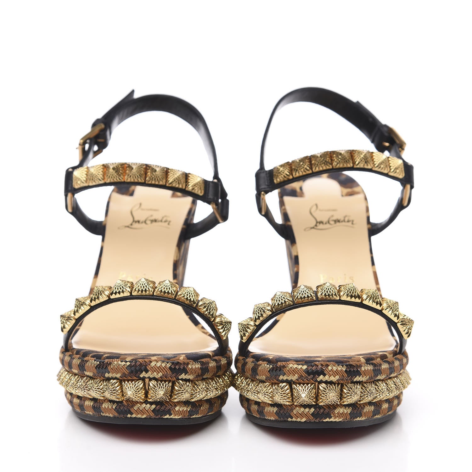 Christian Louboutin Nappa Silk Leopard Pira Ryad 110 Wedge Sandals 40 Black Marron 2 of 8