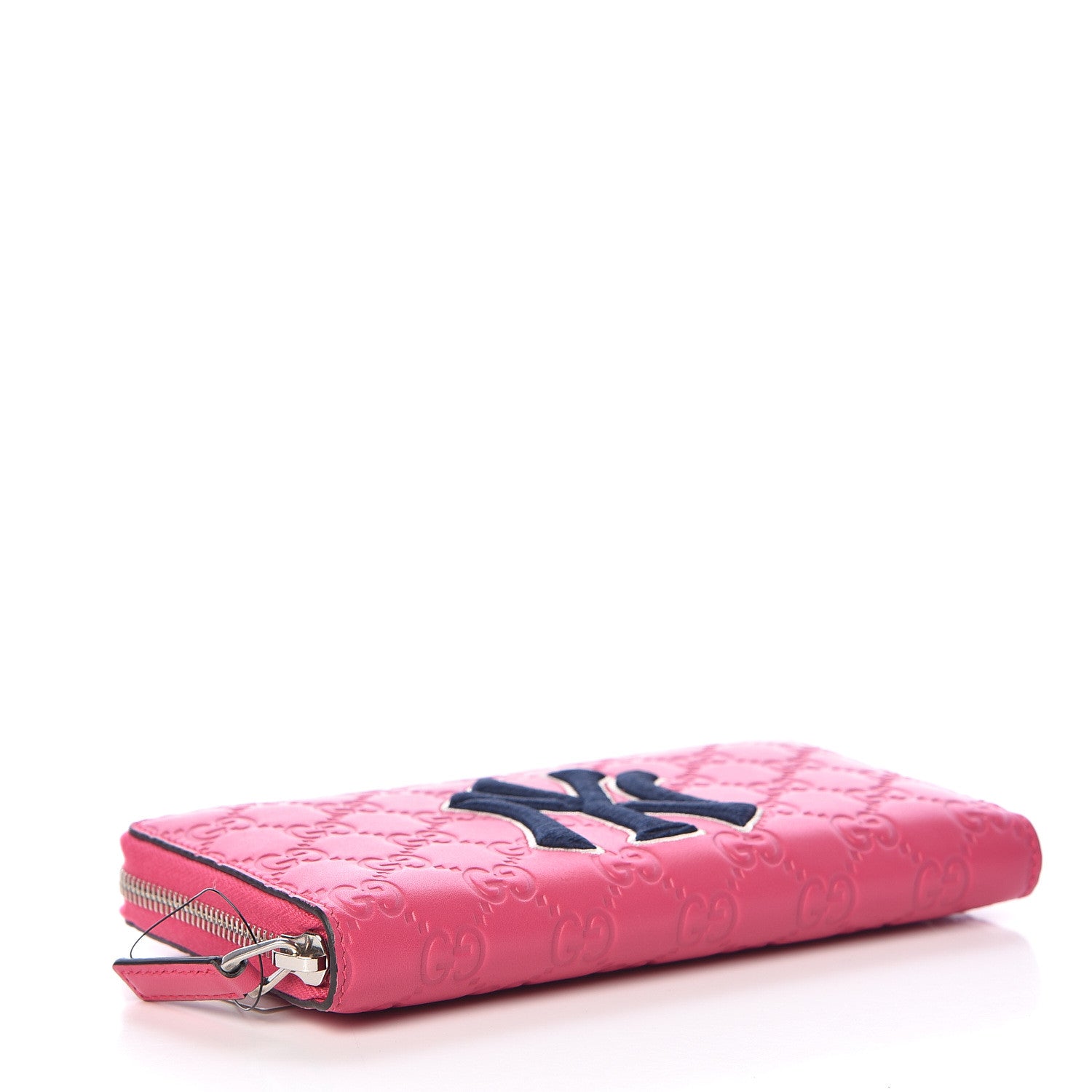 Gucci X MLB Guccissima Signature NY Yankees Embroidered Zip Around Wallet Box Pink Blue Ivory 4 of 7