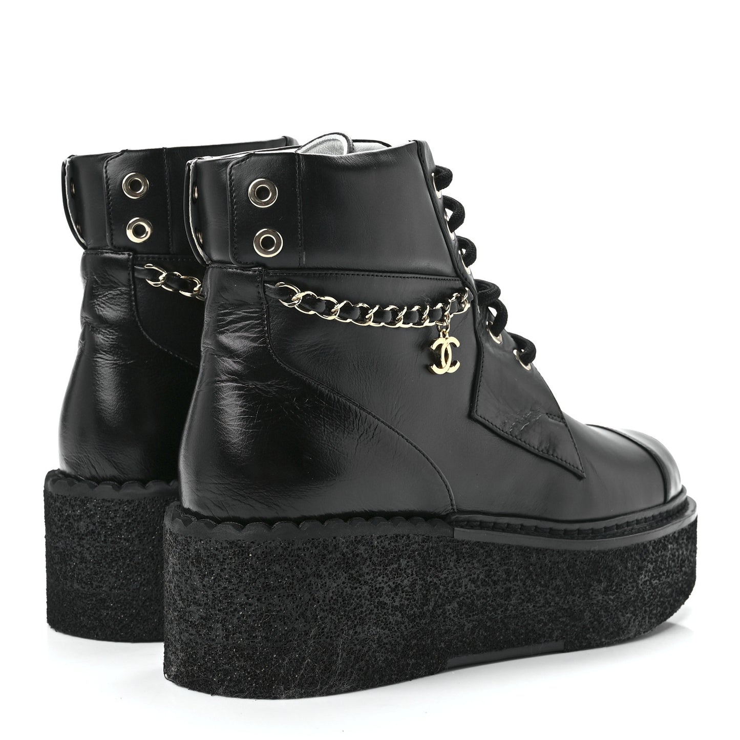 Calfskin Shiny Calfskin Chain Lace Up CC Short Boots 36.5 Black