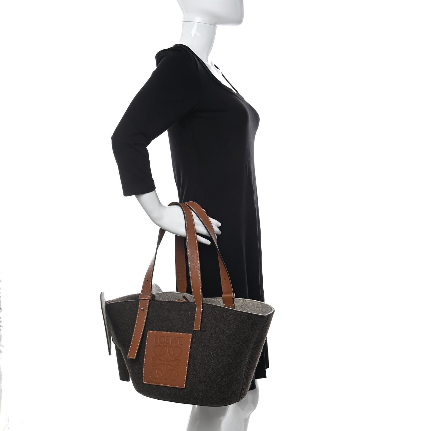 Calfskin Felt Elephant Basket Tote Brown Beige