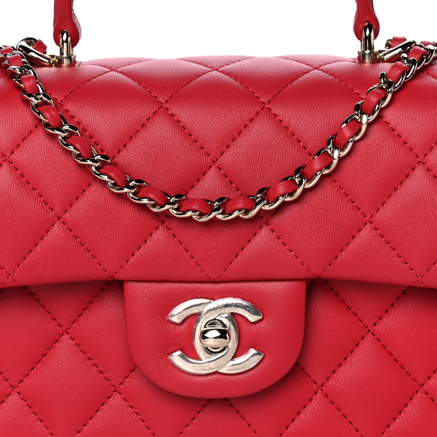 Lambskin Quilted Mini Top Handle Rectangular Flap Red