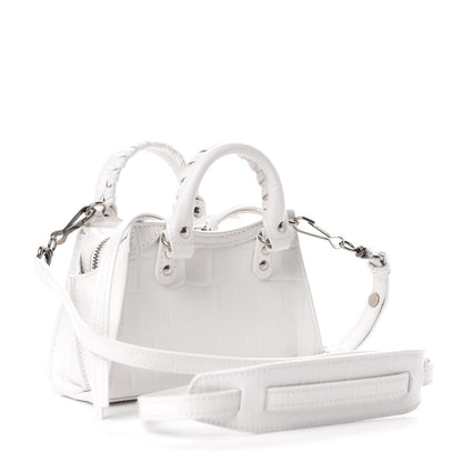 Balenciaga Semi Shiny Calfskin Crocodile Embossed Neo Classic Silver Hardware Nano City Crossbody White 3 of 9