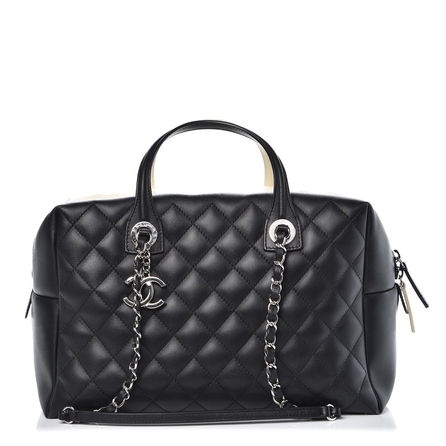 Calfskin Quilted Large Feather Weight Bowling Bag Black Ivory