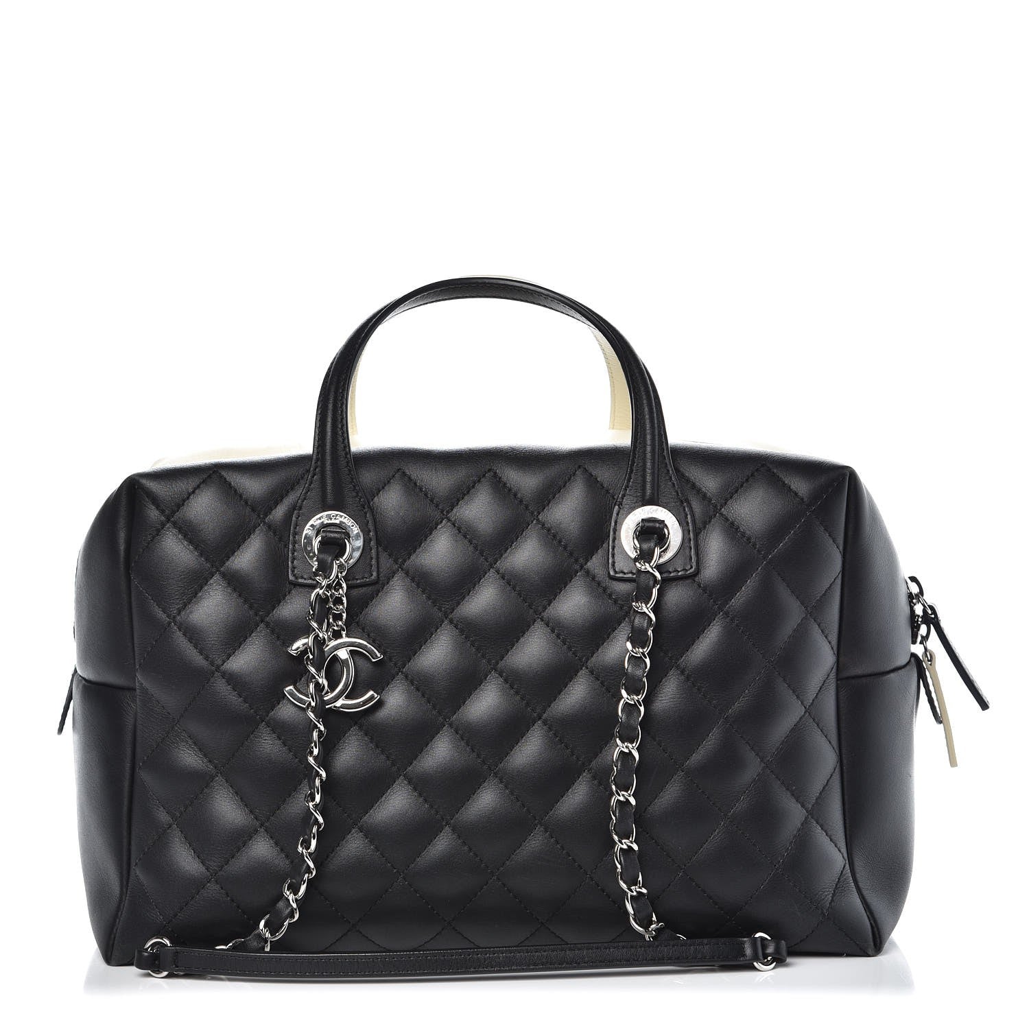 Chanel Calfskin Quilted Large Feather Weight Bowling Bag Black Ivory 1 of 13