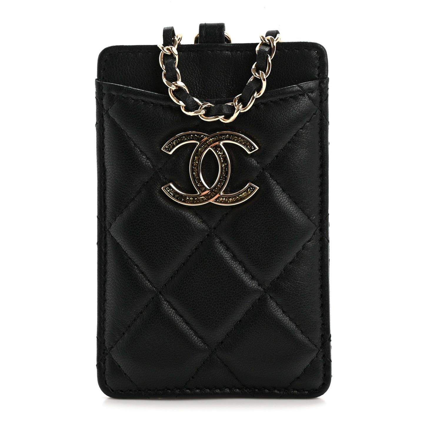 Lambskin Quilted Glitter Card Holder On Chain Black