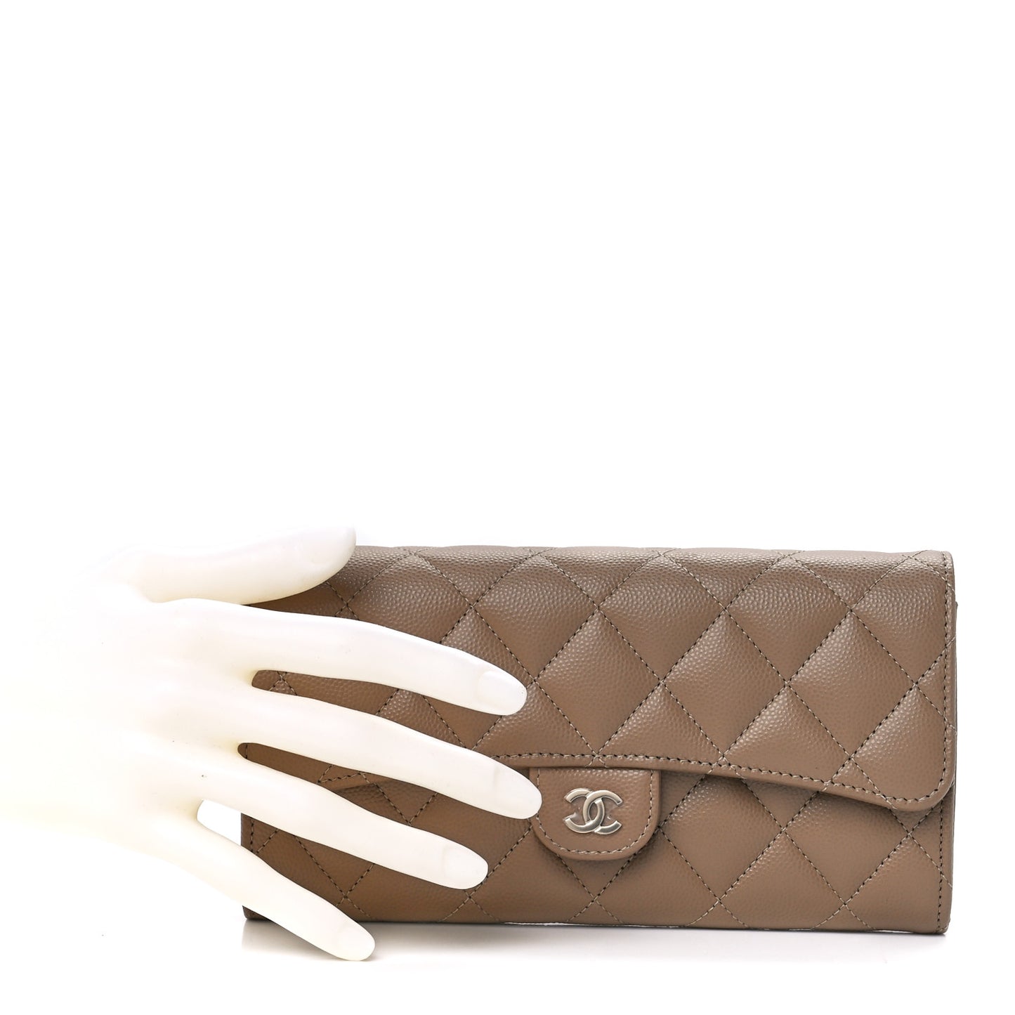 Caviar Quilted Large Gusset Flap Wallet Beige