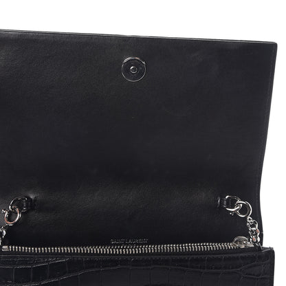Saint Laurent Calfskin Crocodile Embossed Kate Monogram Tassel Chain Wallet Black 9 of 12
