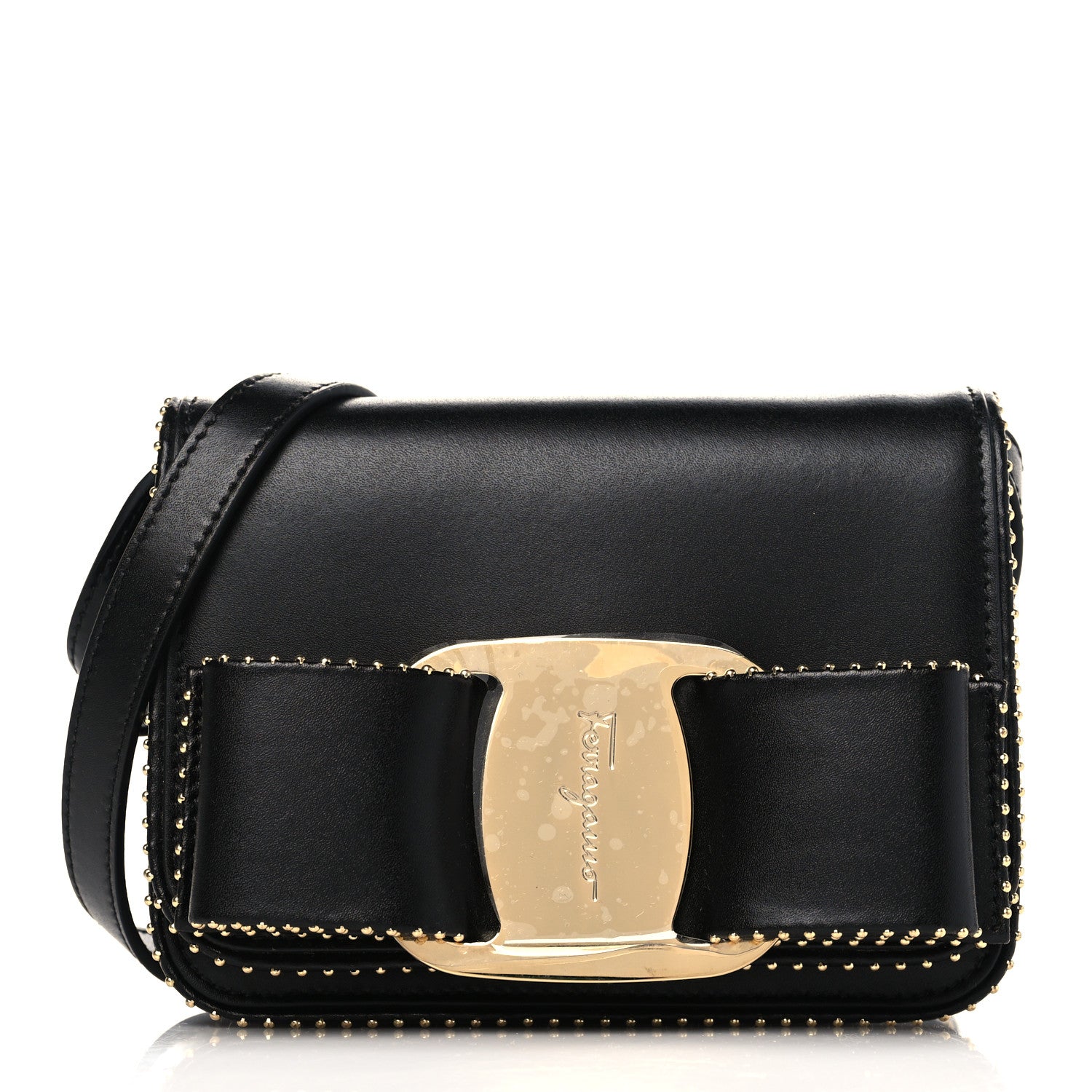 Salvatore Ferragamo Calfskin Studded Mini Vara Bow Rainbow Crossbody Bag Black 1 of 8