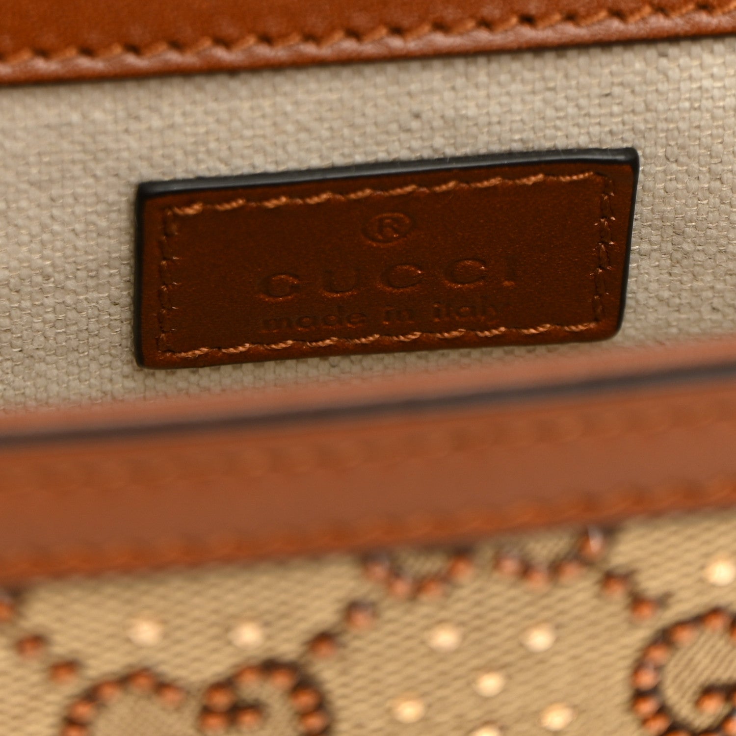 Gucci New Canvas Charisma Calfskin Crystal GG Monogram Mini Horsebit 1955 Shoulder Bag Camel Ebony 6 of 10