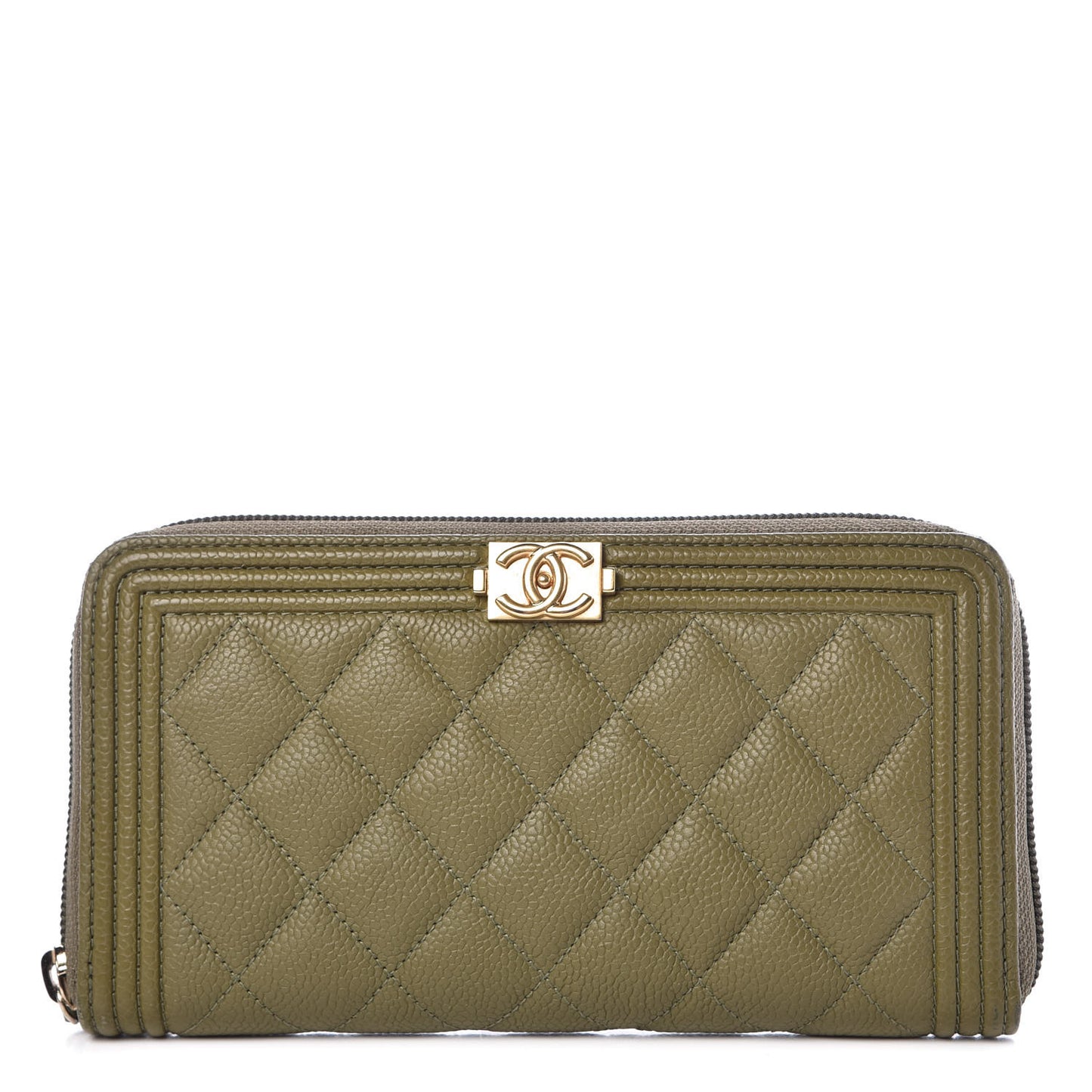 Caviar Quilted Boy Long Zip Around Wallet Khaki