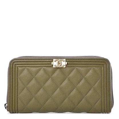 Chanel Caviar Quilted Boy Long Zip Around Wallet Khaki 1 of 9