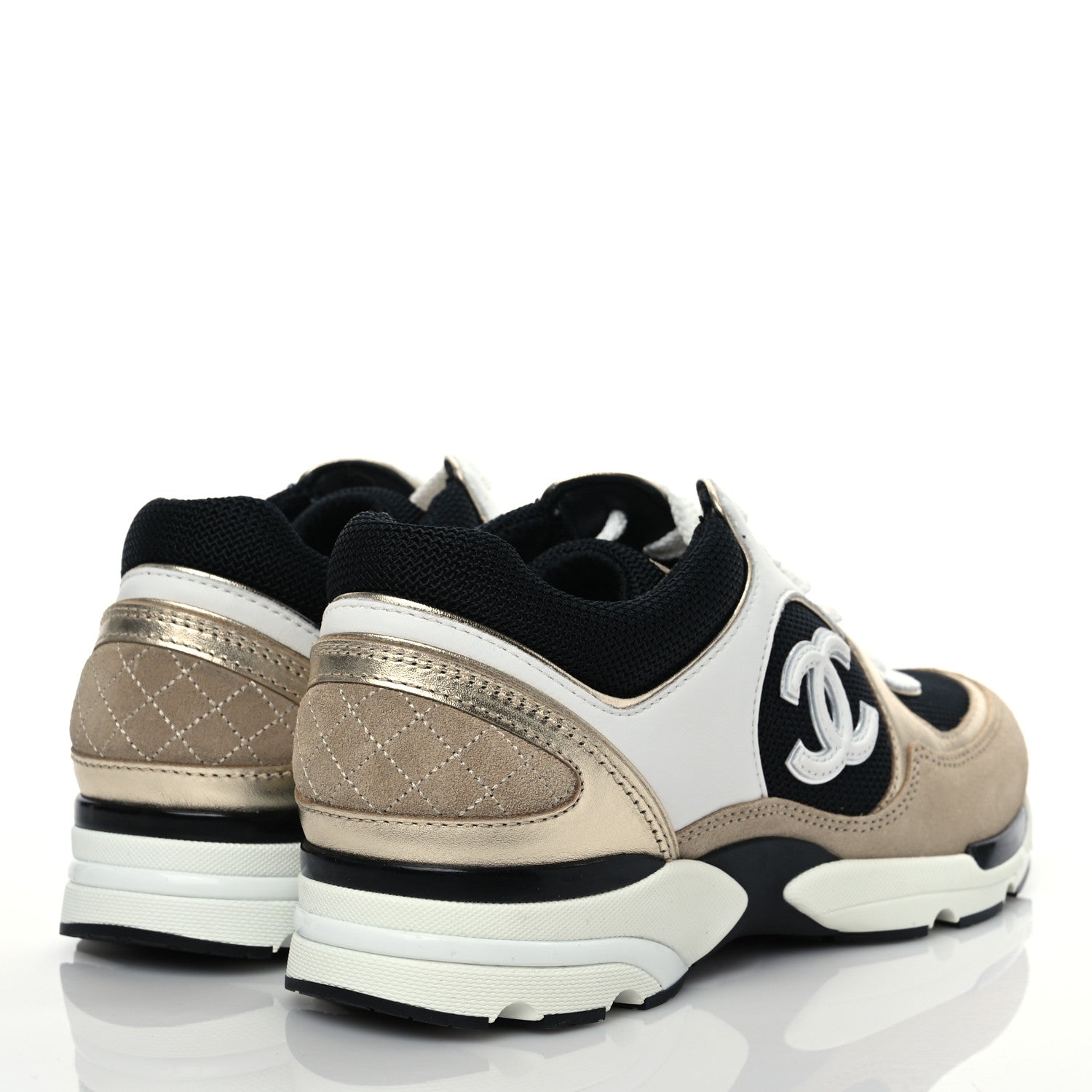 Chanel Mesh Suede Calfskin Womens CC Sneakers 35.5 White Black Beige Gold 4 of 9