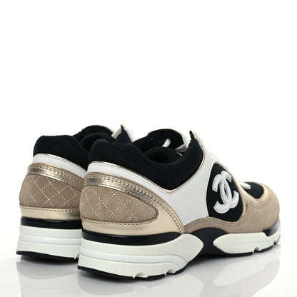 Chanel Mesh Suede Calfskin Womens CC Sneakers 35.5 White Black Beige Gold 4 of 9