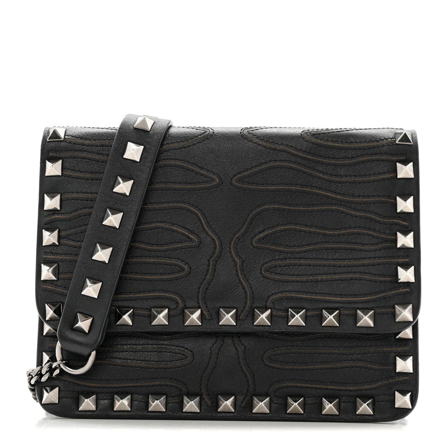 Calfskin Embroidered Rockstud Mini Crossbody Bag Black