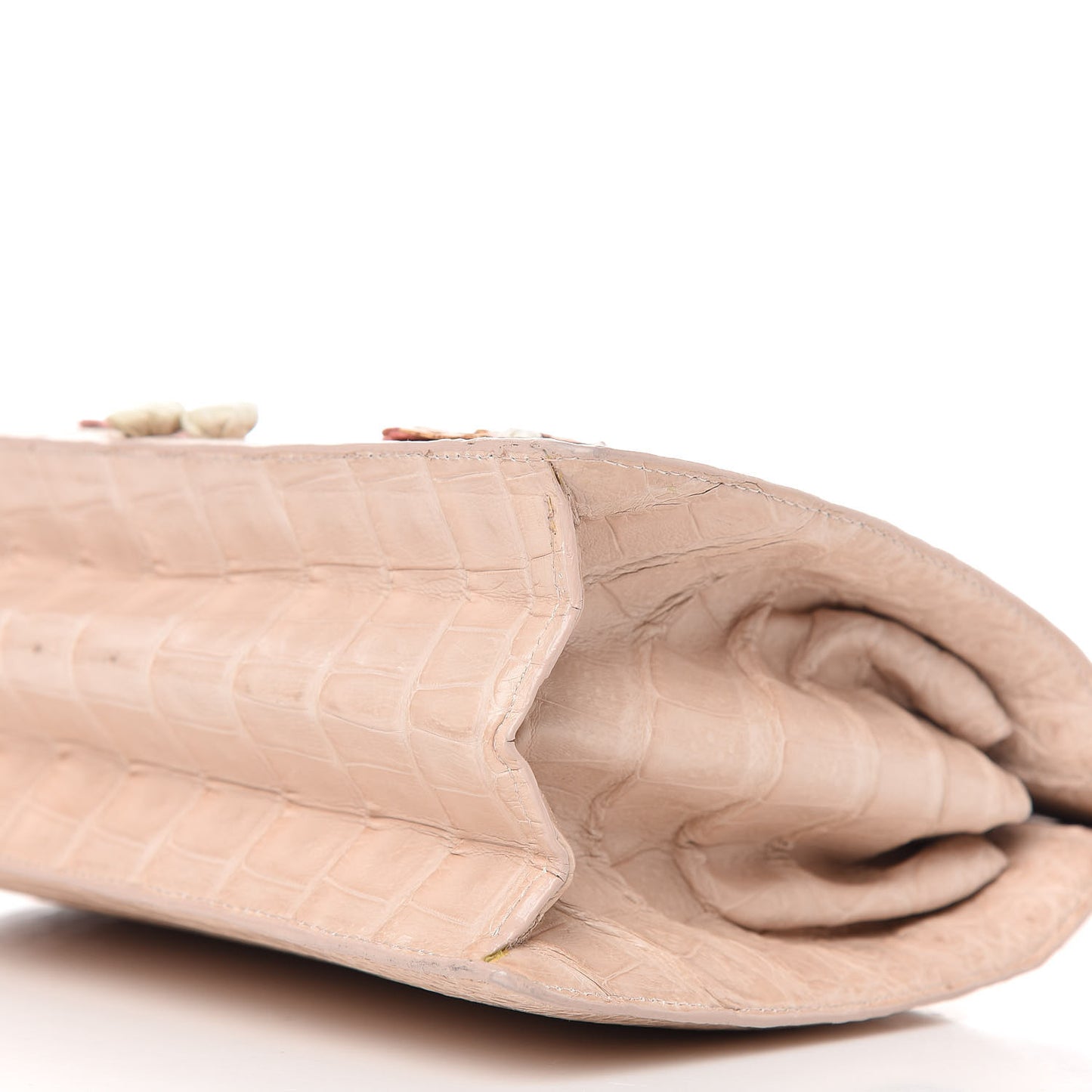 Crocodile Embroidered Floral Top Handle Bag Beige