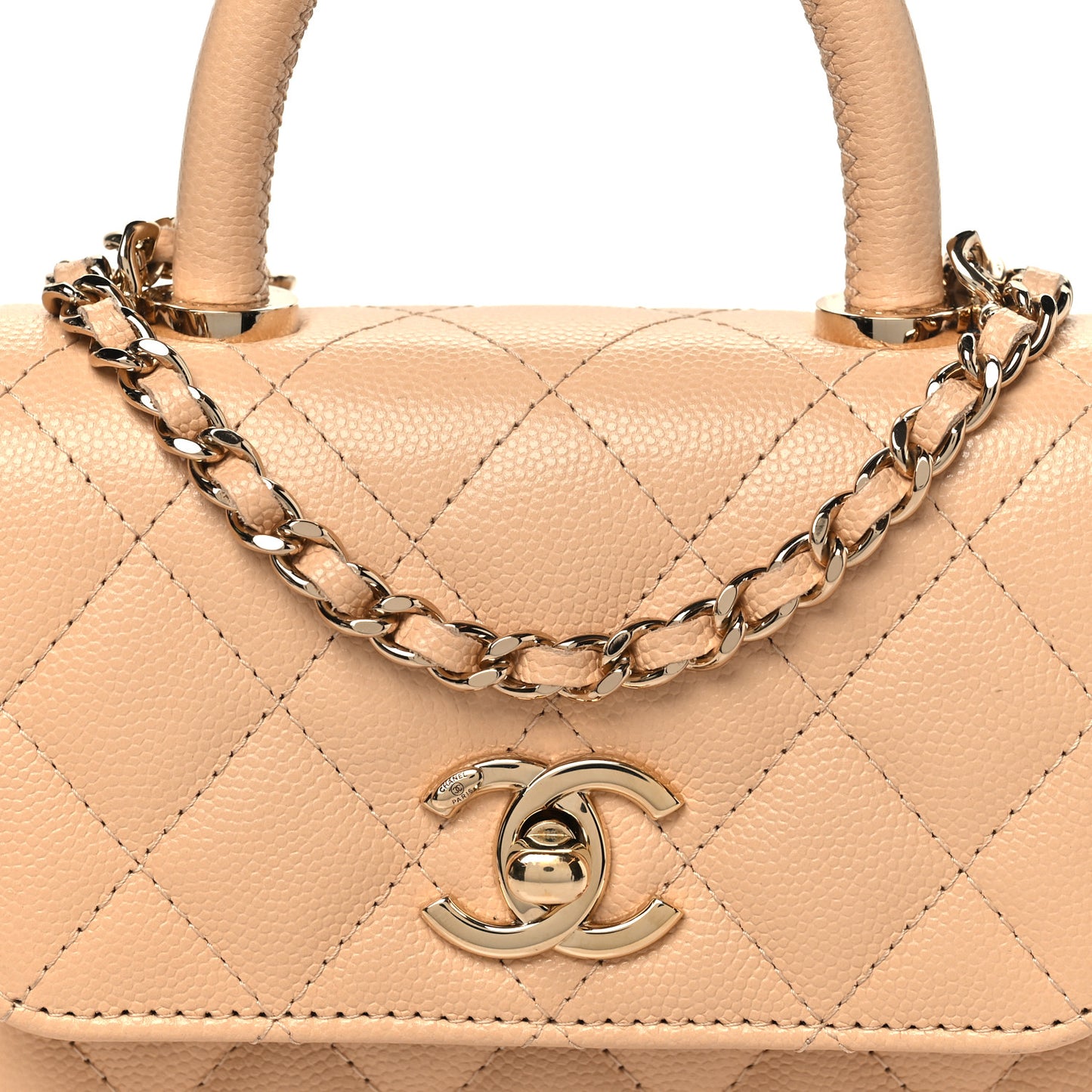 Caviar Quilted Coco Handle Clutch With Chain Beige