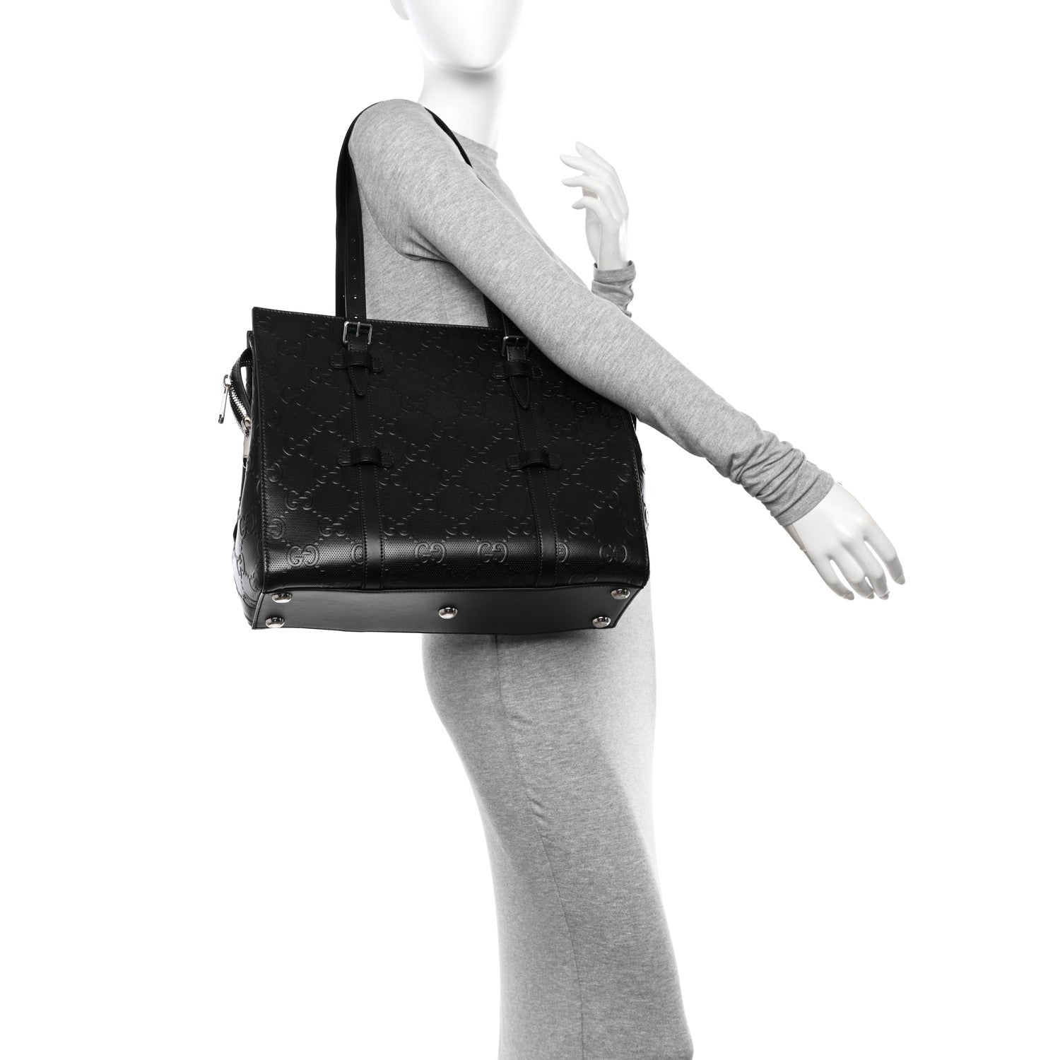 Gucci Calfskin GG Tennis Embossed Tote Bag Black 2 of 10