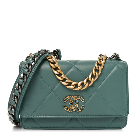 Lambskin Quilted Chanel 19 Wallet On Chain WOC Green