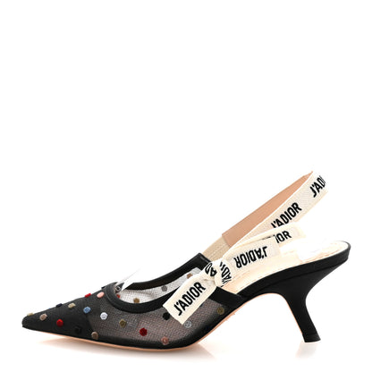 Christian Dior Mesh Ribbon Velvet Mini Dot J'Adior Slingback 65mm Pumps 37 Black Multicolor 1 of 10