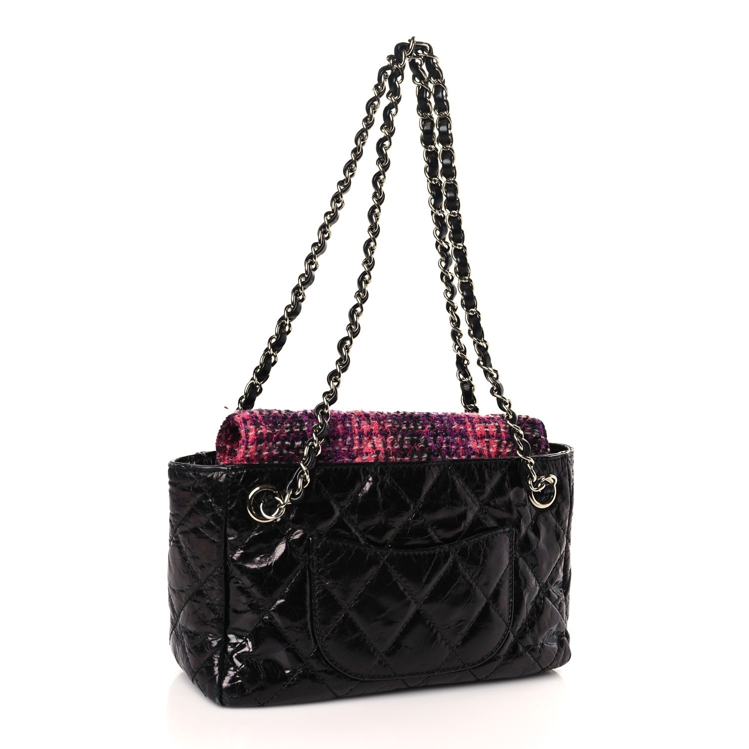 Chanel Glazed Calfskin Quilted Tweed Portobello Flap Black Pink 3 of 9