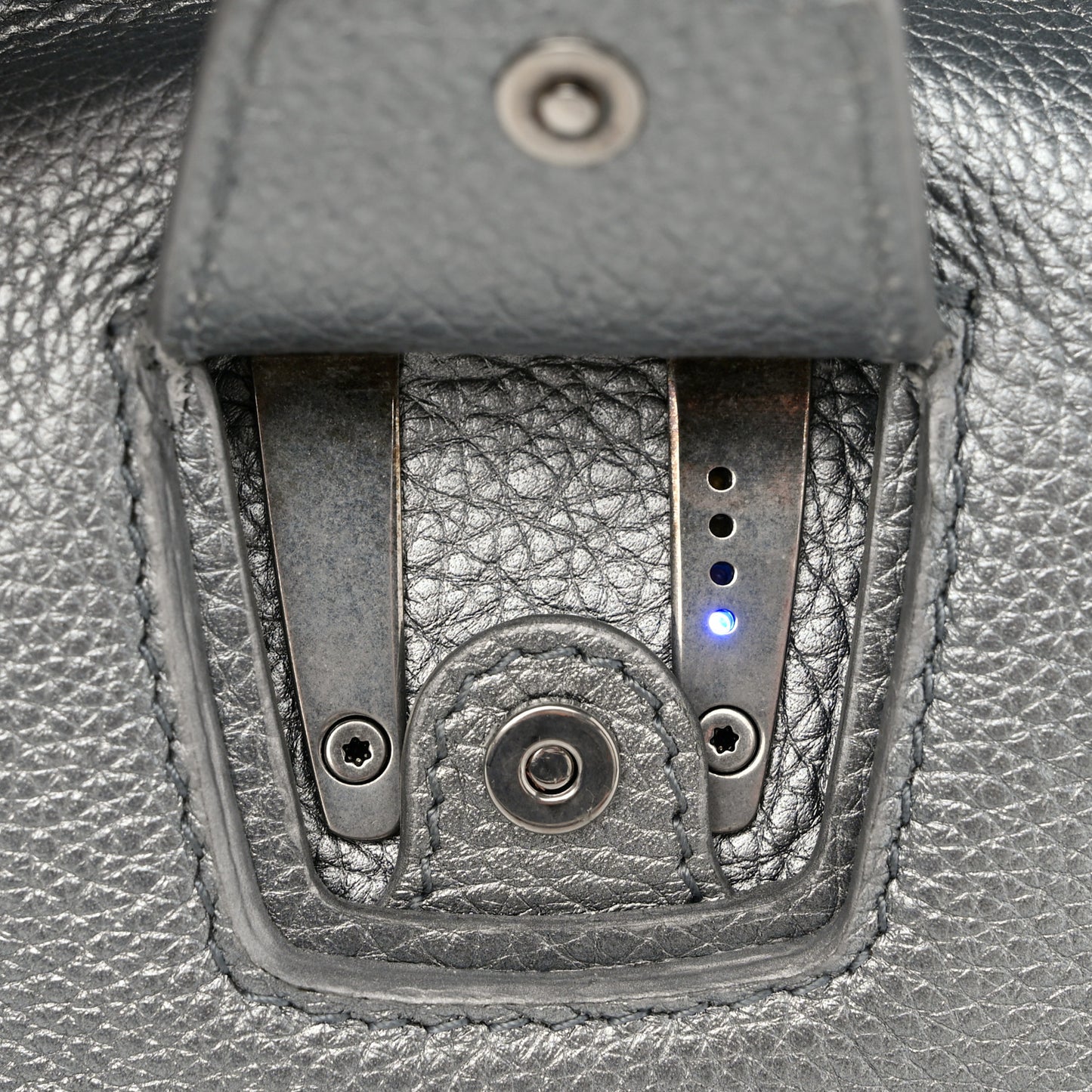 Metallic Calfskin LED Logo Projector Top Handle Bag Silver