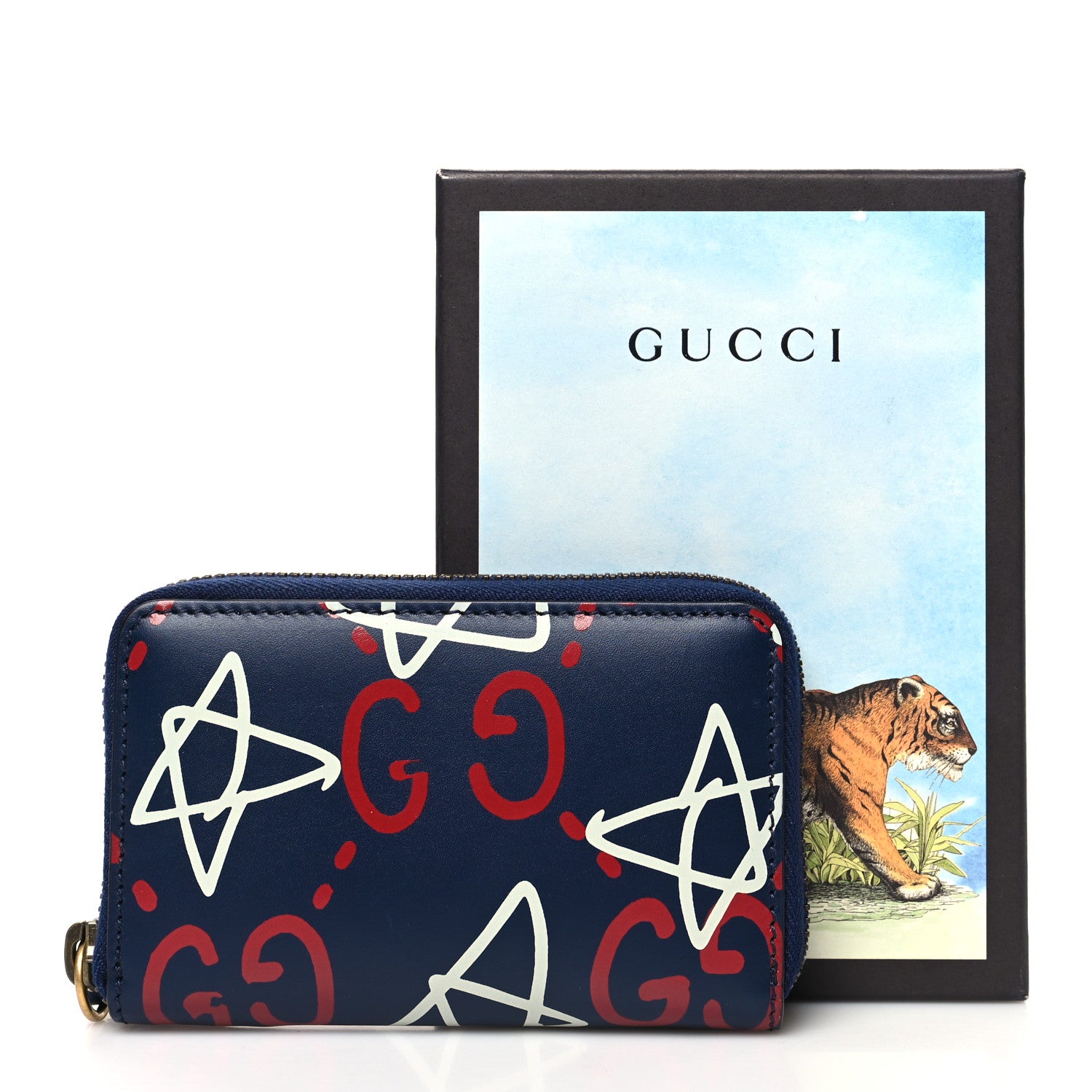 Gucci Calfskin GucciGhost Zip Around Card Case Blue Agata Hibiscus Red 9 of 9