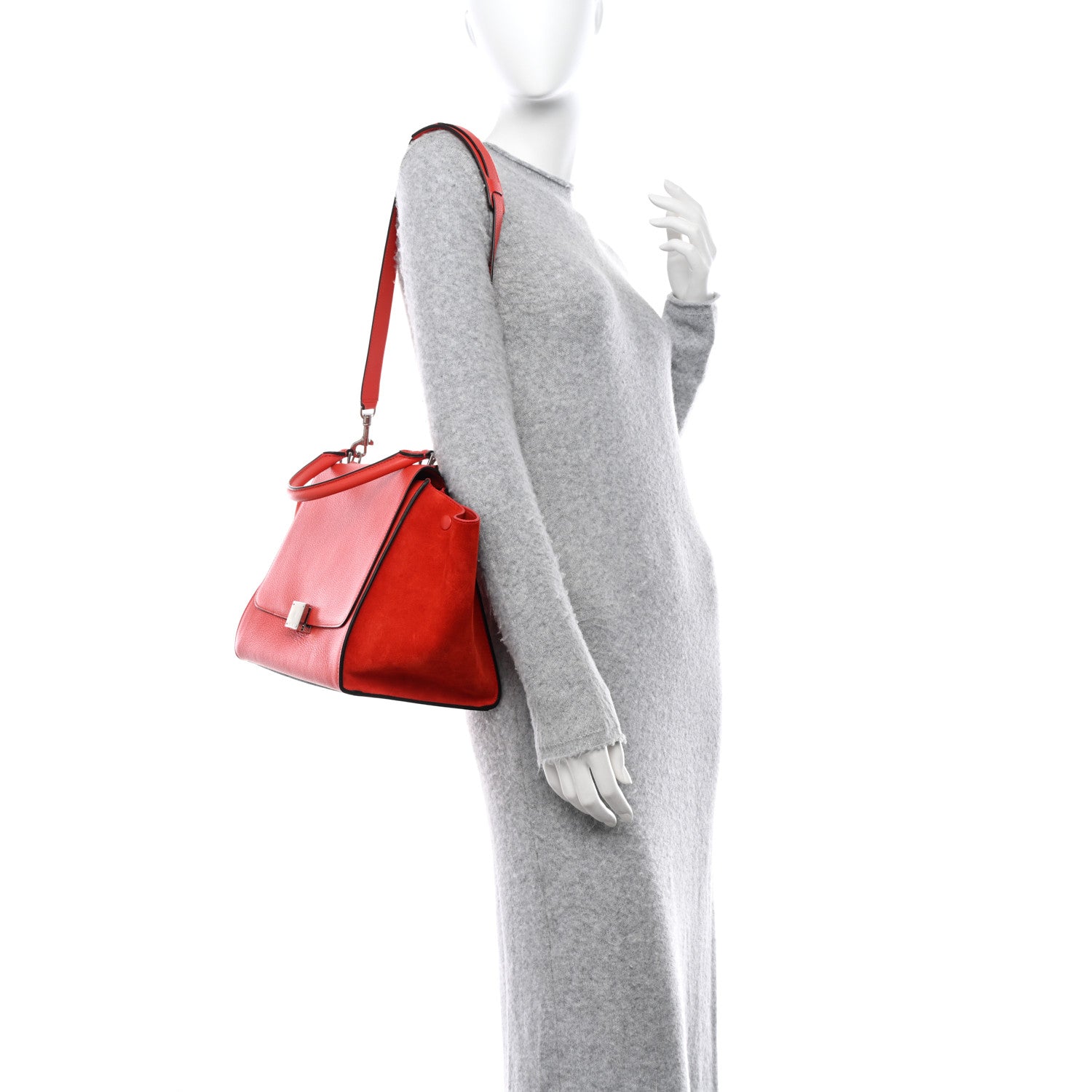 Celine Drummed Calfskin Suede Medium Trapeze Vermillion 2 of 9