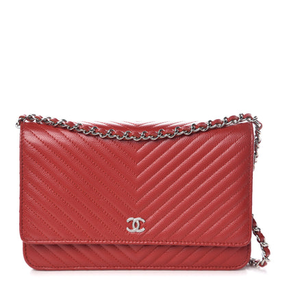 Chanel Caviar Chevron Quilted Wallet On Chain WOC Red 1 of 13