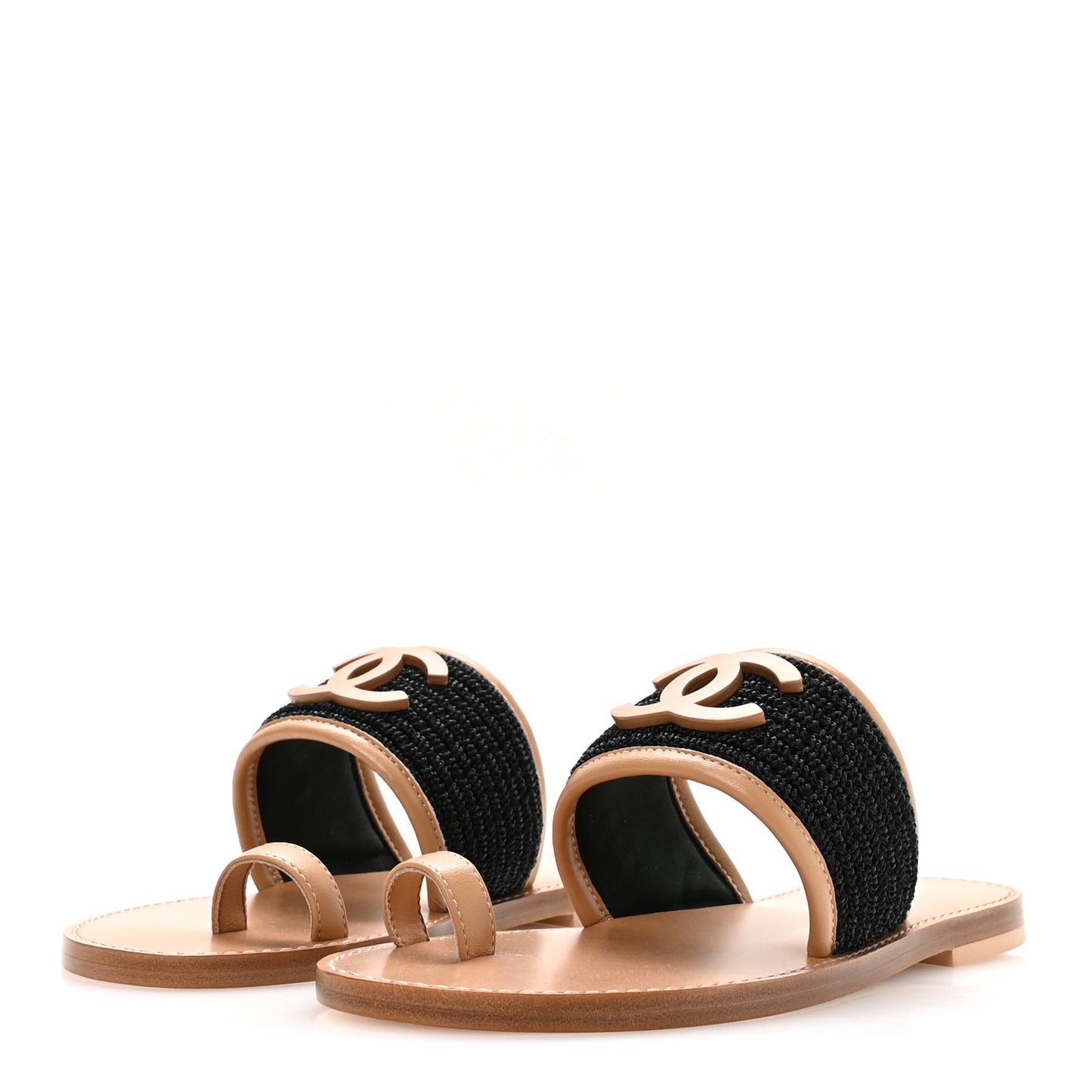 Raffia Lambskin CC Mules 37 Black Beige