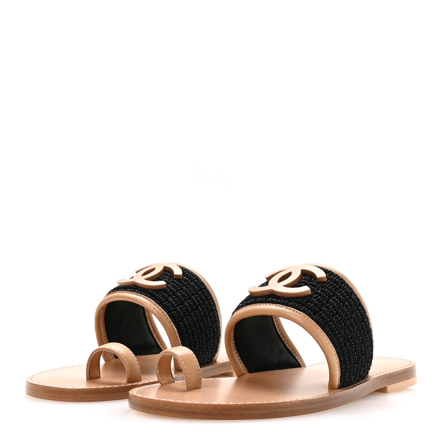 Chanel Raffia Lambskin CC Mules 37 Black Beige 4 of 9