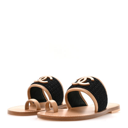 Chanel Raffia Lambskin CC Mules 37 Black Beige 4 of 9