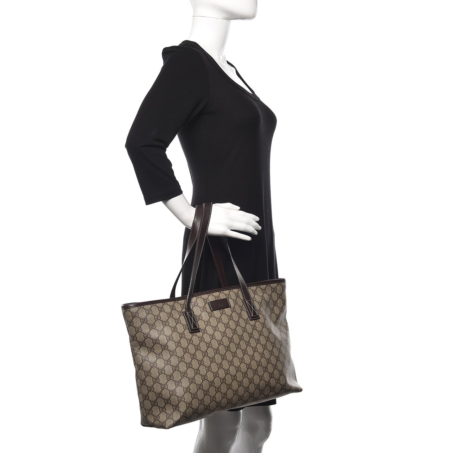 GG Supreme Monogram Medium Zippered Shopping Tote Dark Brown