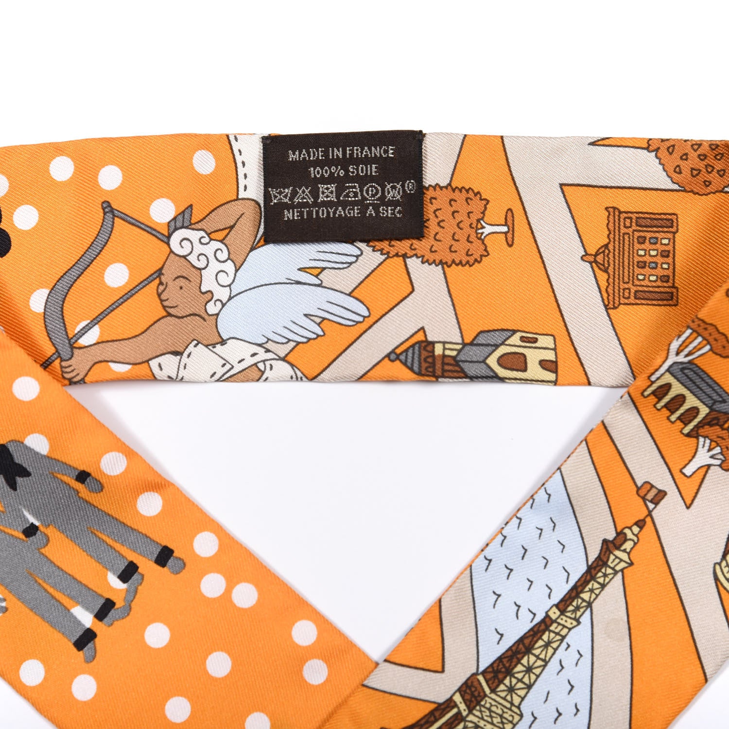 Hermes Silk Les Nouveaux Amoureux de Paris Twilly Orange Ciel Beige 2 of 4