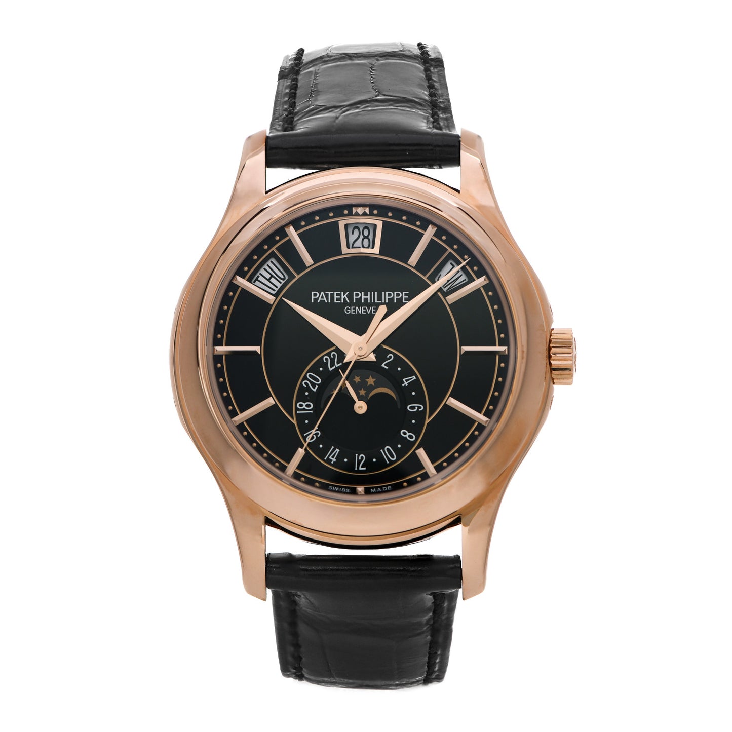 18K Rose Gold Alligator Annual Calendar Moonphase Automatic Watch Black 5205R-010