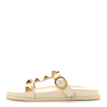 Valentino Garavani Calfskin Roman Stud Slide Sandals 40 Light Ivory 1 of 10