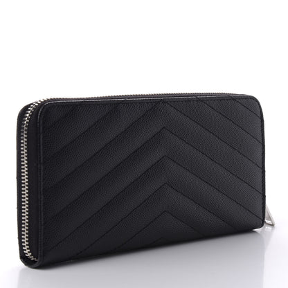 Saint Laurent Grain De Poudre Matelasse Chevron Monogram Zip Around Wallet Black 2 of 7