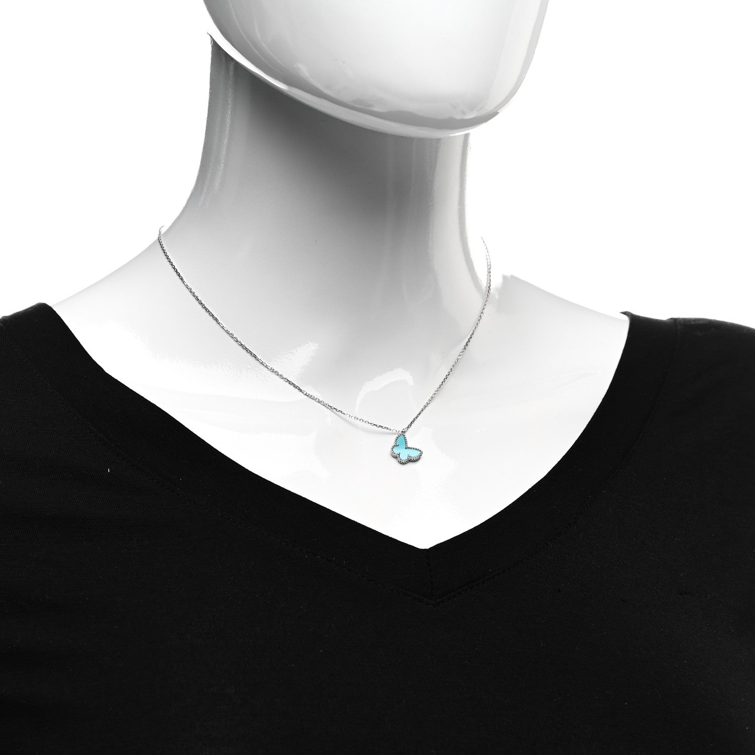 Van Cleef & Arpels 18K White Gold Turquoise Sweet Alhambra Butterfly Pendant Necklace 2 of 6