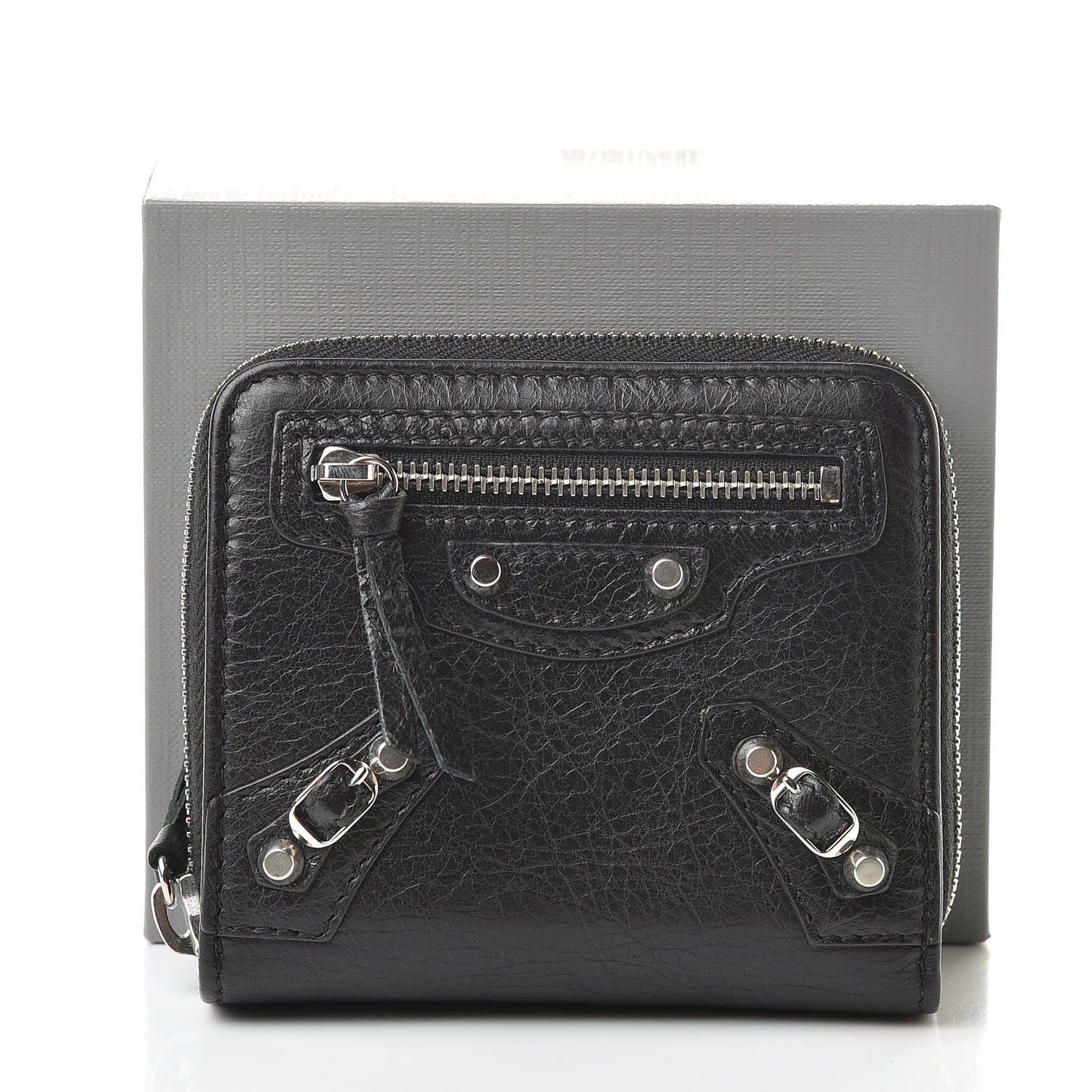 Agneau Classic Silver Hardware Compact Wallet Black