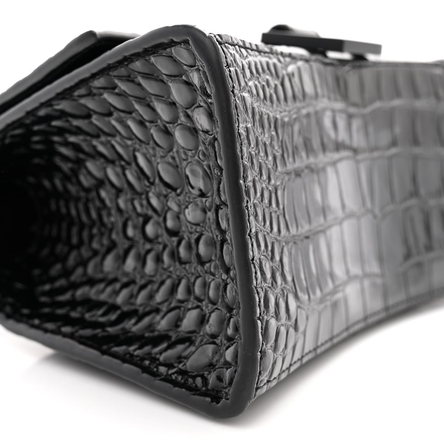 Shiny Calfskin Monochrome Crocodile Embossed Small Hourglass Top Handle Bag Black